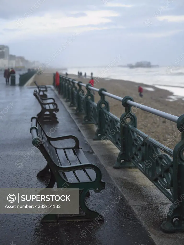 England, East Sussex, Brighton. A line of benches on Brighton seafront on a wet day with the pier in the distance.