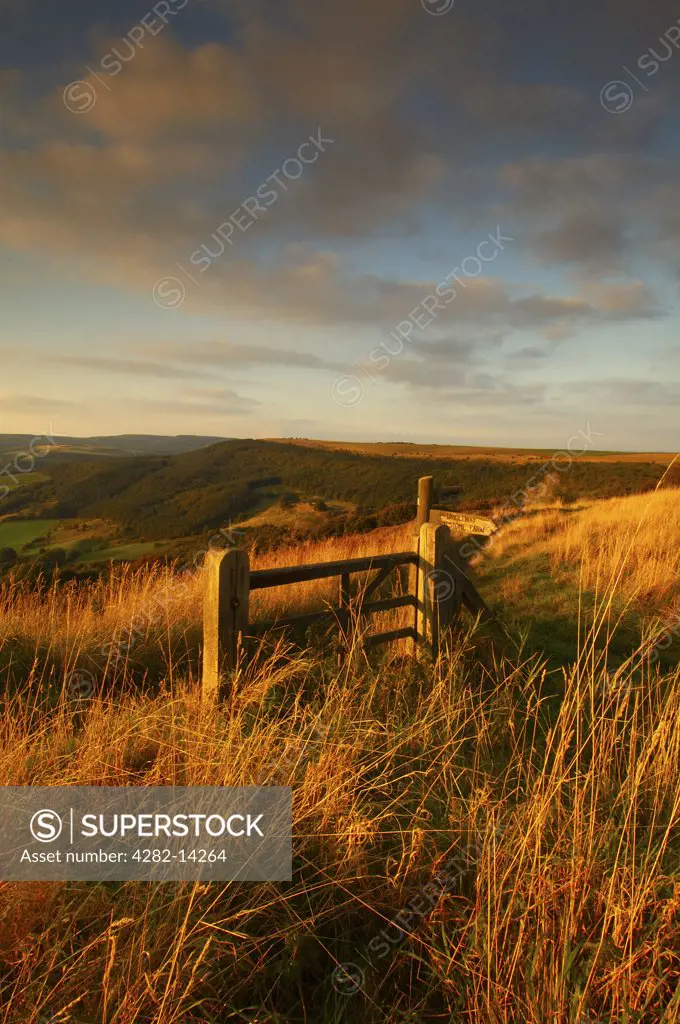 England, North Yorkshire, Sutton Bank. A lone gateway overlooking the view along the Hambleton Hills.