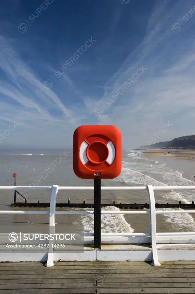 England, Norfolk, Cromer. A view over the beach at Cromer. Cromer is an Edwardian family seaside town famous for its succulent Cromer Crabs and local seafood restaurants.
