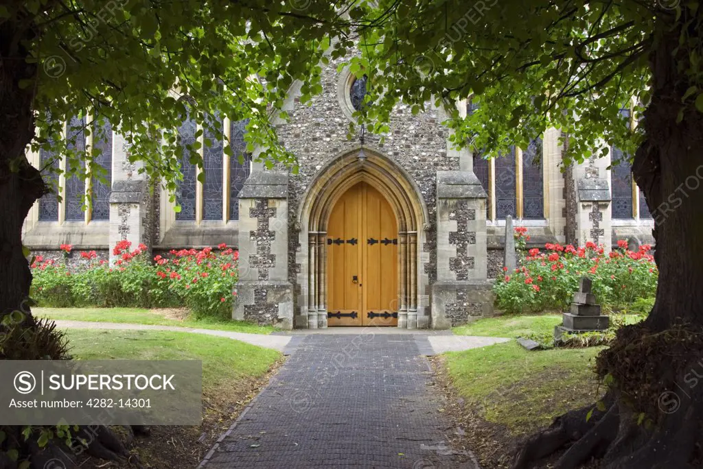 England, Hertfordshire, St Albans. Tree framed path and door to an old English Church. According to research, one in ten people in the UK attends church every week and one in seven goes once a month.