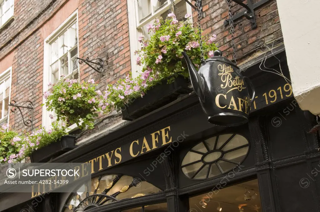 England, North Yorkshire, York. Windowsill flowers sit above the famous Bettys cafe shop front in York.