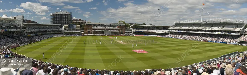 England, London, St. John's Wood. Grandstand view of the England and  South Africa test match at Lords cricket ground.