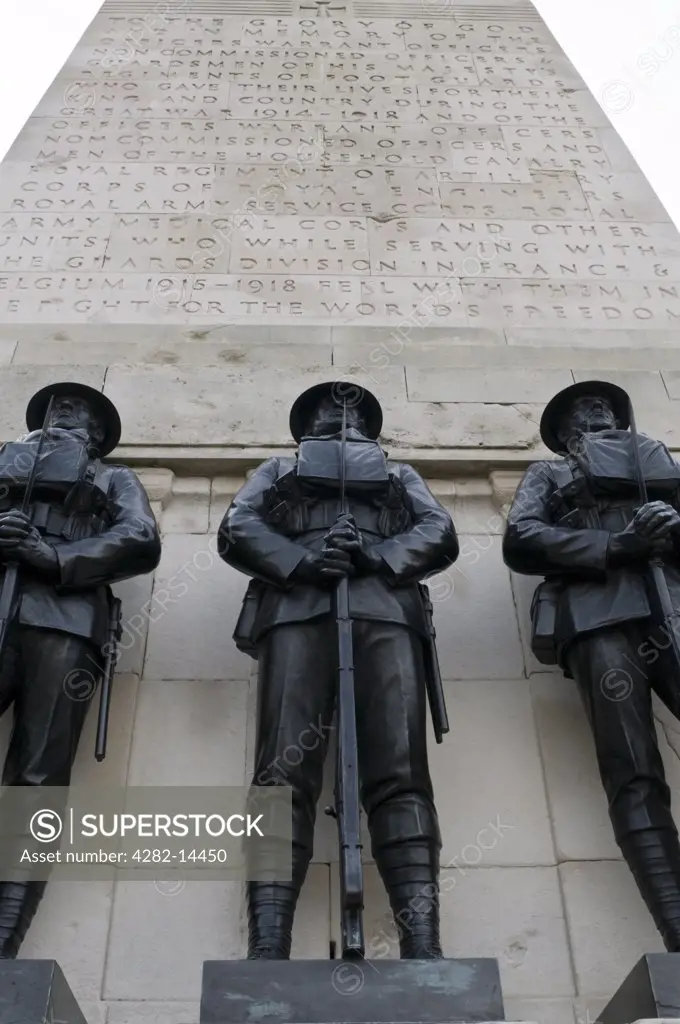 England, London, Whitehall. Detail of the Guards Memorial at Horse Guards Parade.
