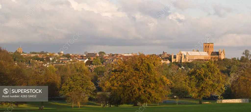 England, Hertfordshire, St Albans. View from Verulamium Park towards the Abbey at dusk.