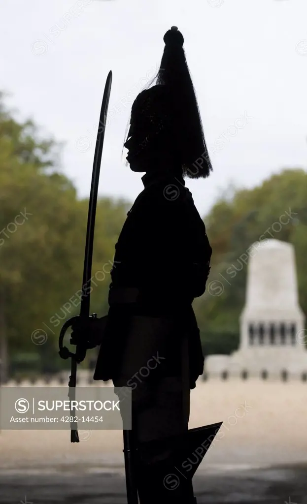 England, London, Whitehall. A silhouette of a Household Cavalry soldier on guard duty at Horse Guards in Whitehall.