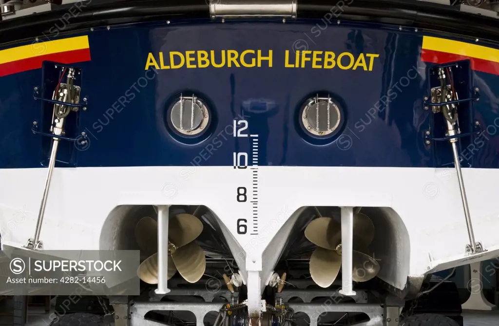 England, Suffolk, Aldeburgh. A close up of the back of a Aldeburgh lifeboat on the beach.
