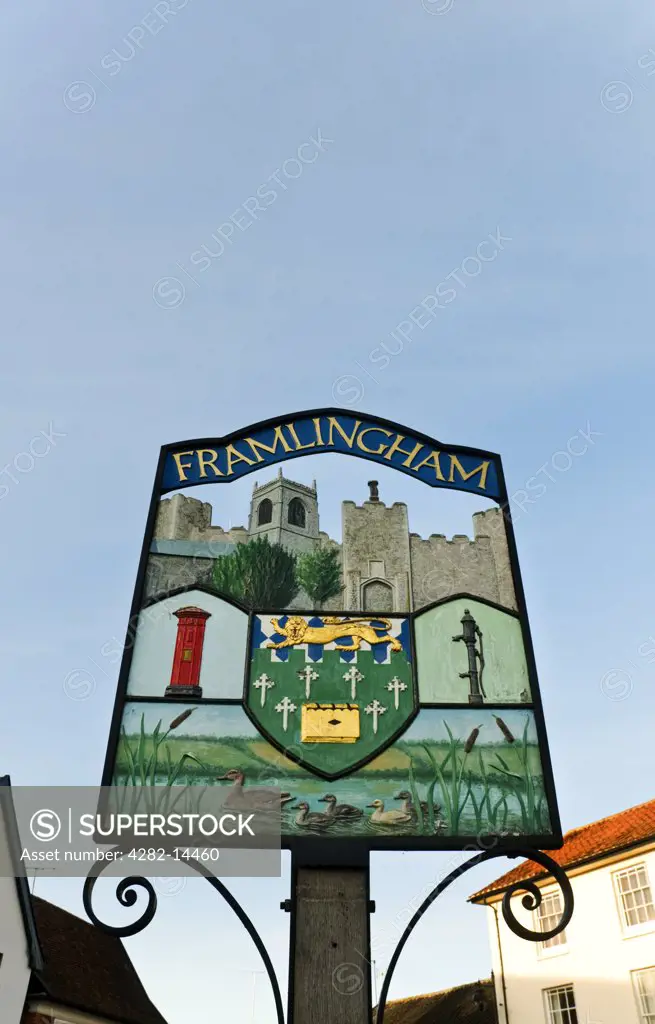 England, Suffolk, Framlingham. Looking up to the traditional village sign of Framlingham in Suffolk.