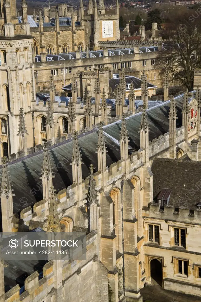 England, Oxfordshire, Oxford. View of various colleges from the top of St Mary the Virgin Church in Oxford.