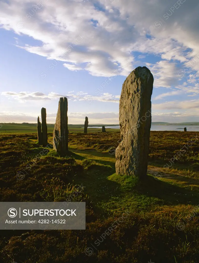 Scotland, Orkney, Ring of Brodgar. Ring of Brodgar stone circle and henge looking towards the Loch of Harray.