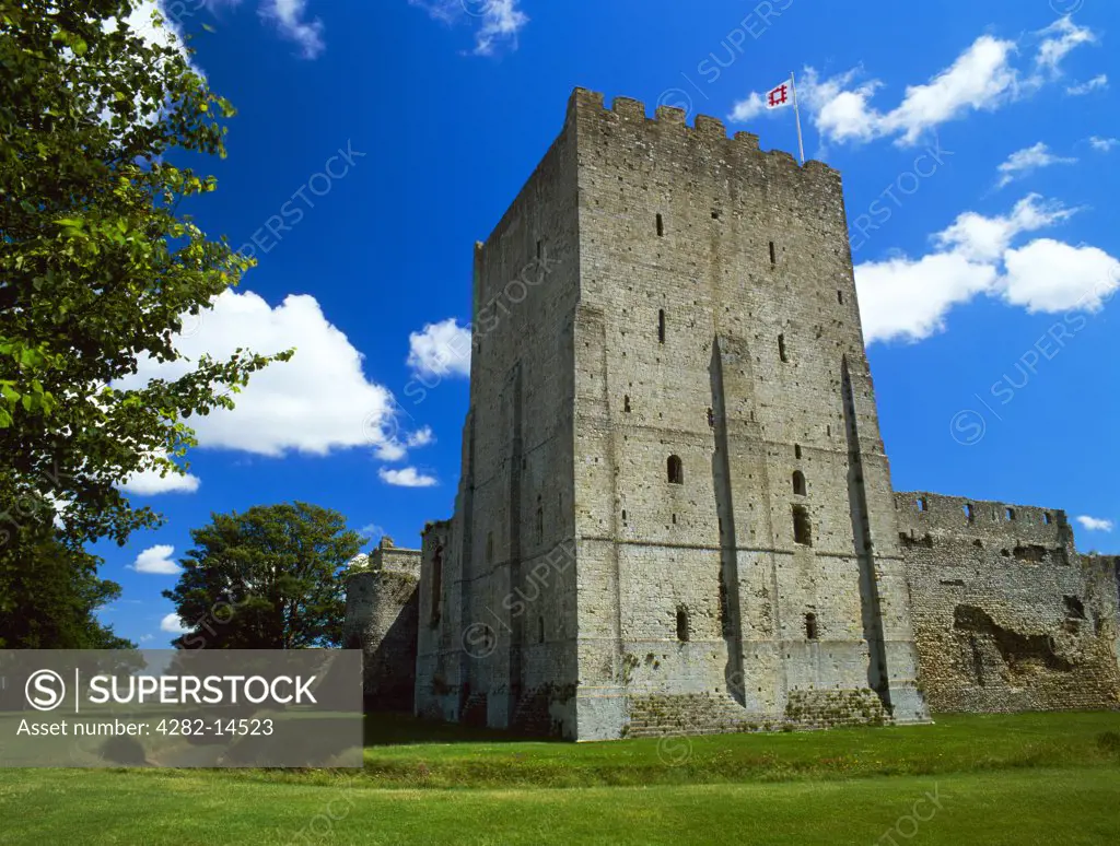 England, Hampshire, Portchester Castle. The rectangular Norman keep of Portchester Castle built at the North West corner of the Roman Saxon Shore fort.