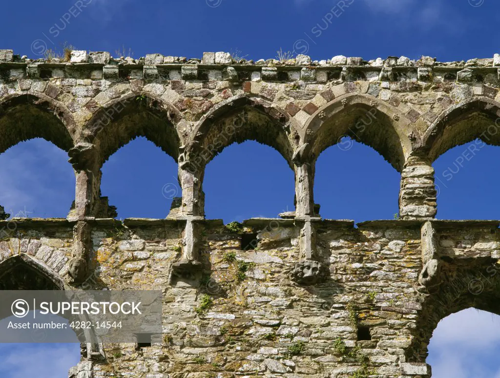 Wales, Pembrokeshire, St David's. Detail of arcaded parapet above the Great Hall of St David's Bishop's Palace. The work of Bishop Henry de Gower 1328-47.