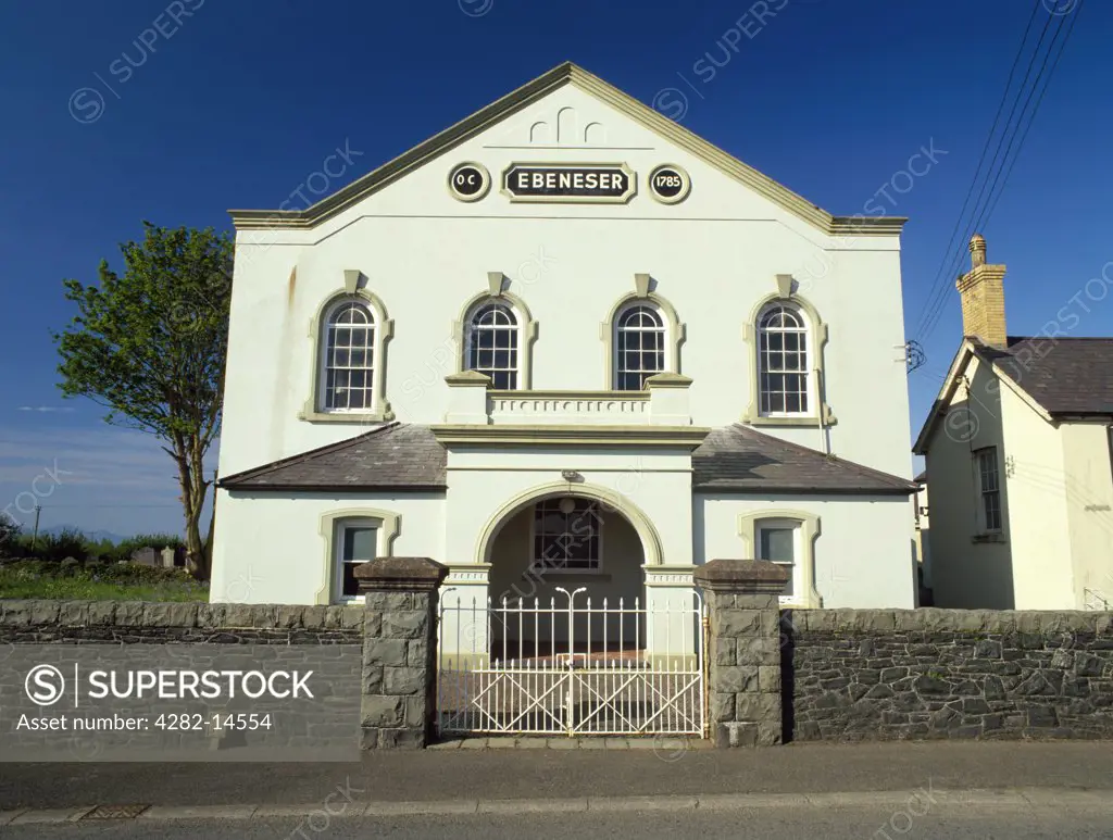 Wales, Anglesey, Newborough. Capel Ebeneser (Hebrew Eben-ezer: stone of the help), Calvinistic Methodist chapel founded 1785 and later re-built in Classical style.