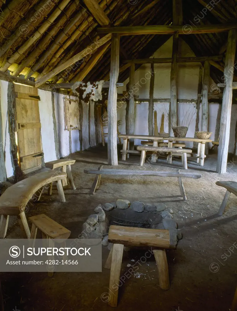 England, Tyne and Wear, Jarrow. Interior of a reconstructed Anglo-Saxon timber hall at Bede's World, based on an example excavated at Thirlings, near Wooler.