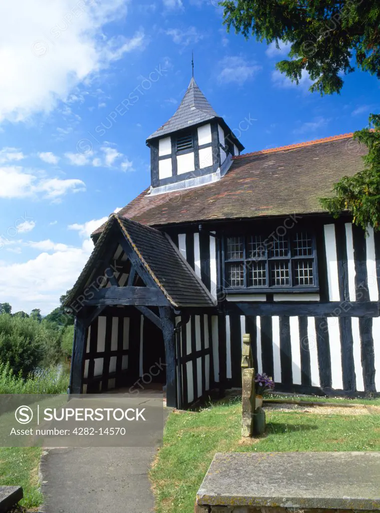England, Shropshire, Melverley. St Peter's church dates mainly from around 1406 (porch and bell tower 1670) and is one of the very few completely timber-framed churches in Shropshire.