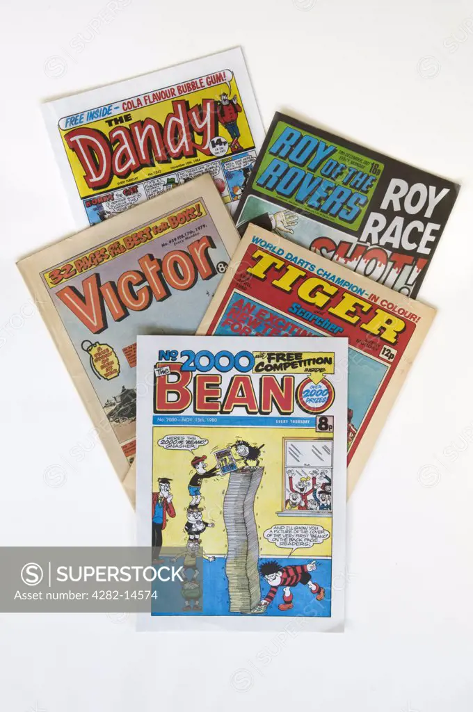 A selection of classic British comics, The Dandy, Roy of the Rovers, Victor, Tiger and The Beano.