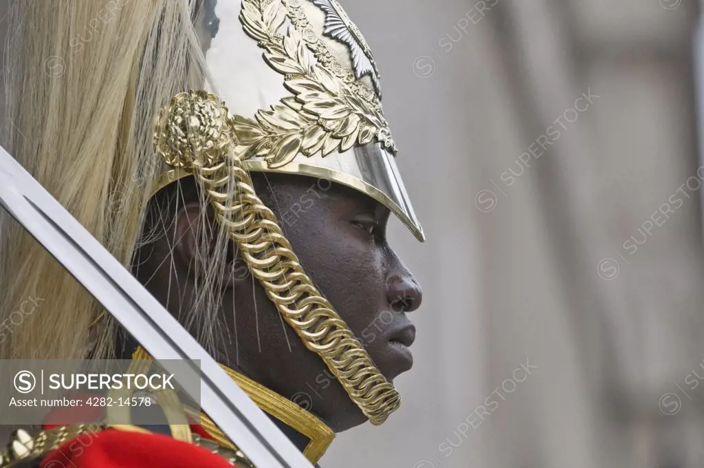 England, London, Whitehall. Side profile of a soldier of the Household Cavalry on guard duty at Horse Guards in Whitehall.