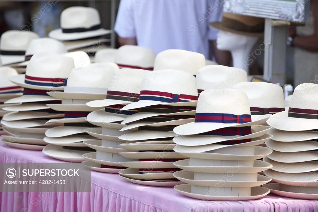 England, Oxfordshire, Henley-on-Thames. Panama hats for sale at the annual Henley Royal Regatta.