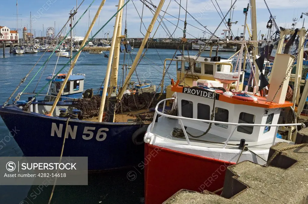 England, North Yorkshire, Scarborough. Fishing boats moored in Scarborough Inner Harbour.