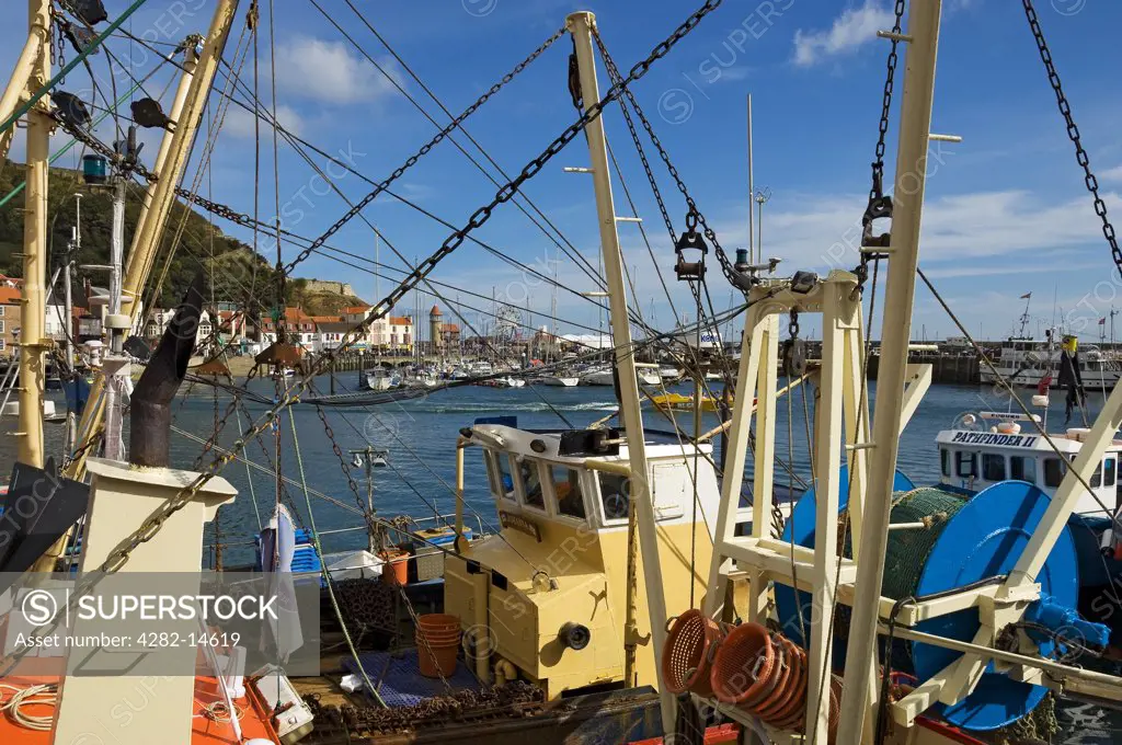 England, North Yorkshire, Scarborough. Fishing boats moored in Scarborough Inner Harbour.