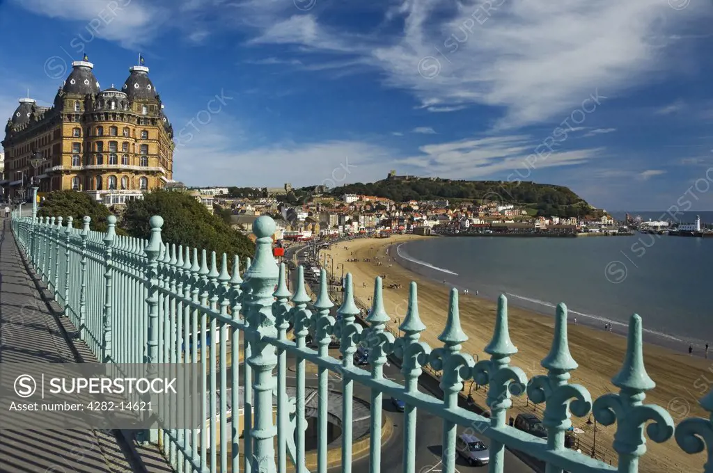 England, North Yorkshire, Scarborough. View of the Grand Hotel and South Bay from Scarborough Spa Bridge in the summer.