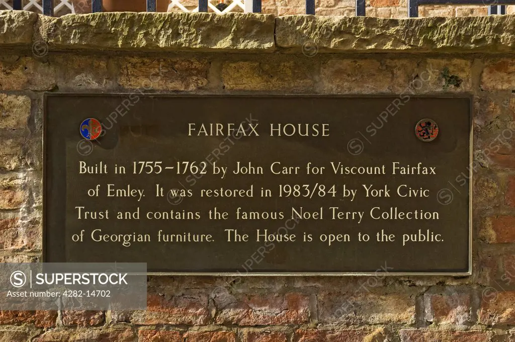 England, North Yorkshire, York. Plaque outside the rear entrance to Fairfax House in Castlegate, 'the finest Georgian townhouse in England'.