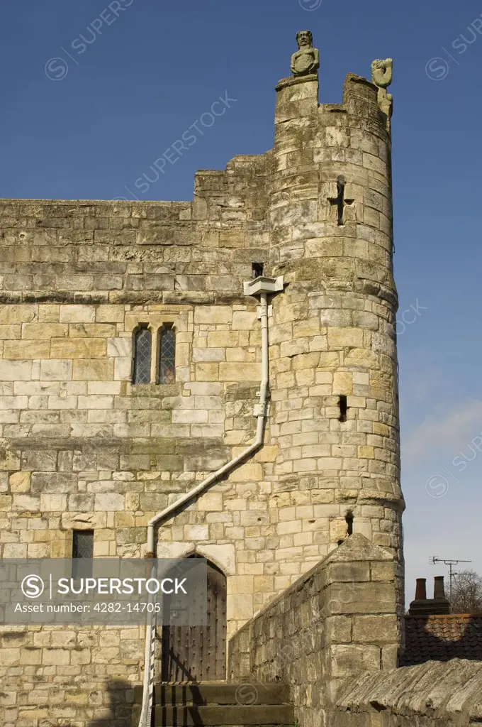 England, North Yorkshire, York. Stone tower at Monk Bar, the North-East entrance to York's walls.