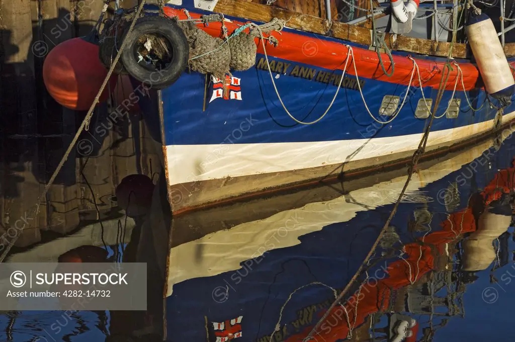 England, North Yorkshire, Whitby. The former RNLI lifeboat Mary Ann Hepworth in Whitby harbour. The lifeboat has been restored to as near original as possible and is now used for pleasure trips.