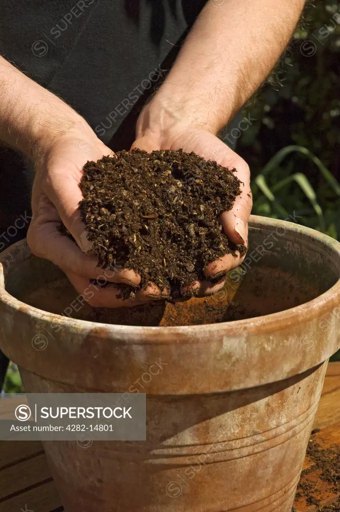 Putting compost into a clay pot.