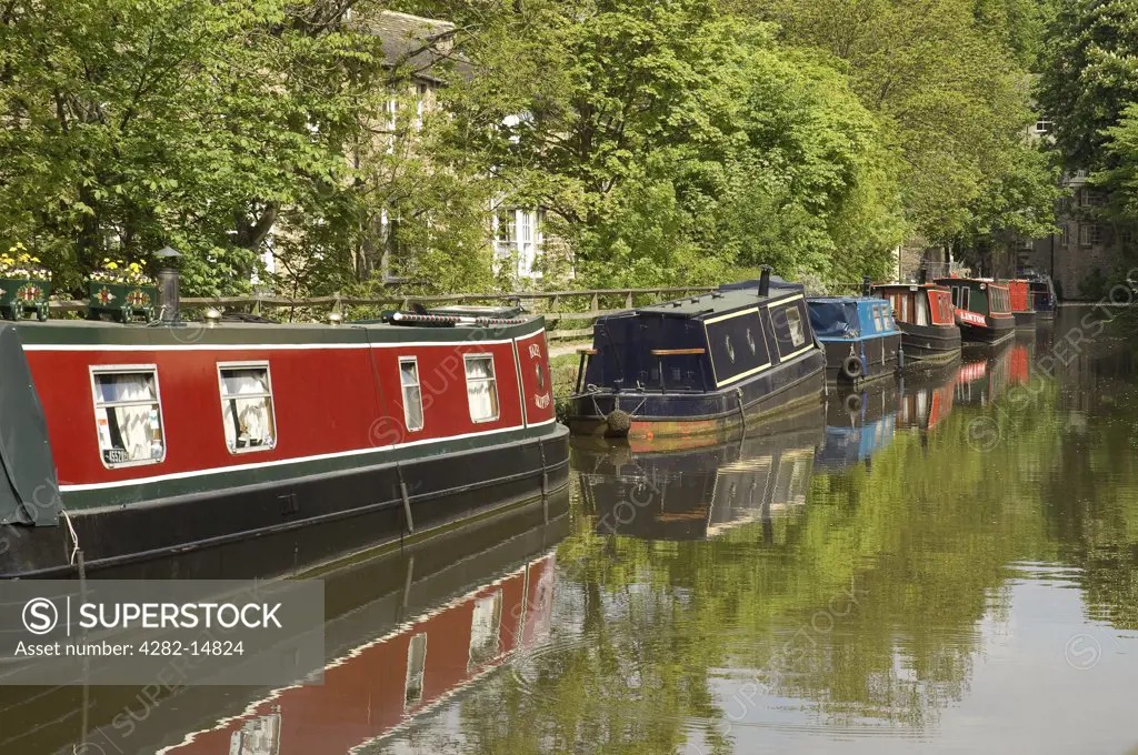 England, North Yorkshire, Skipton. Boats moored on the Leeds and Liverpool Canal at Skipton.