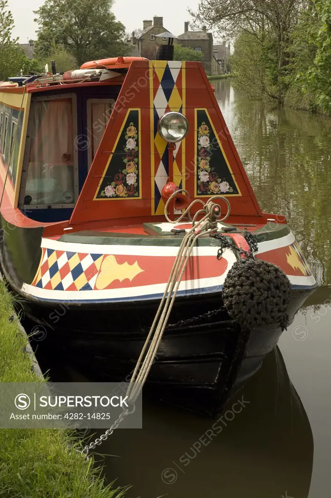 England, North Yorkshire, Skipton. Canal boat moored on Leeds Liverpool Canal Skipton.