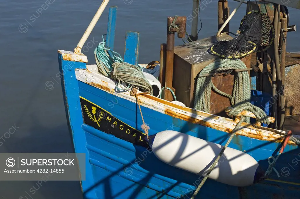 England, East Riding of Yorkshire, Bridlington. Bow detail on fishing trawler moored in the harbour.