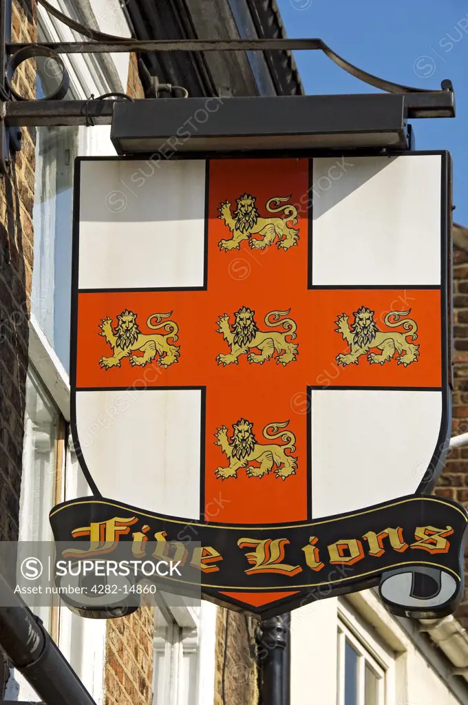 England, North Yorkshire, York. Sign hanging outside the Five Lions hotel in the centre of York.