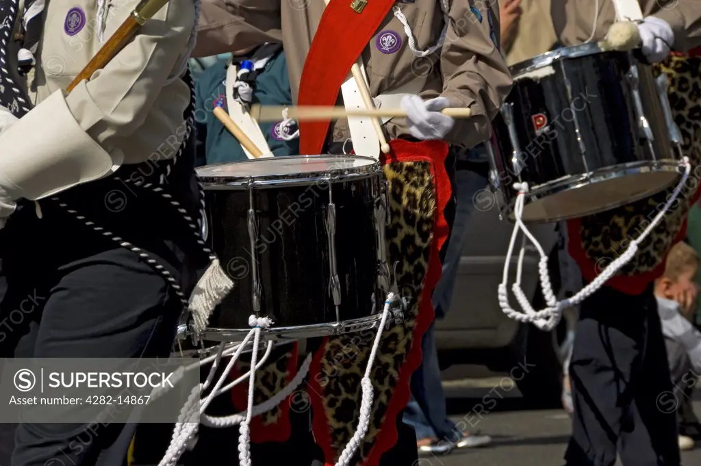 England, North Yorkshire, York. Scout band drummers in the annual Saint George's Day parade.