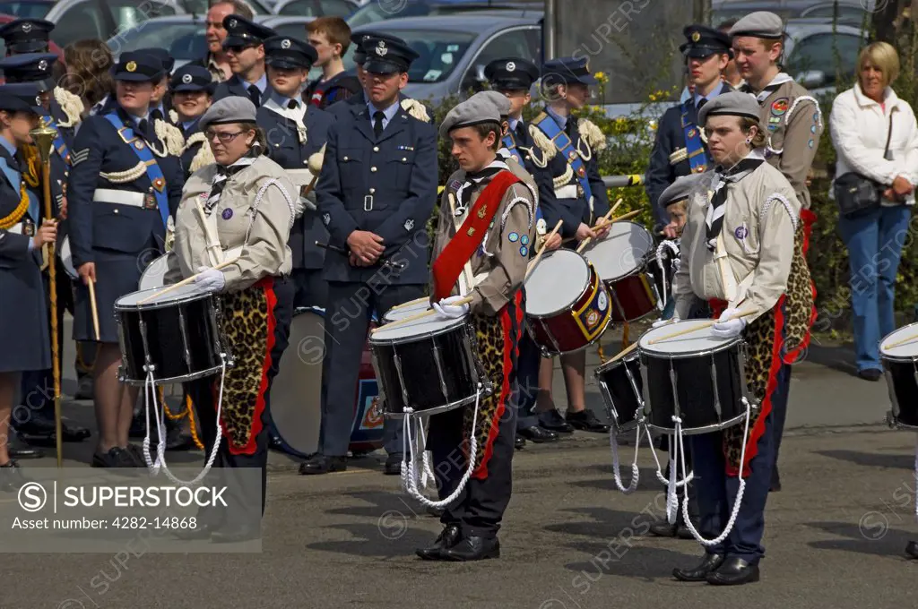 England, North Yorkshire, York. Drummers in the Scout band performing in the annual Saint George's Day parade.