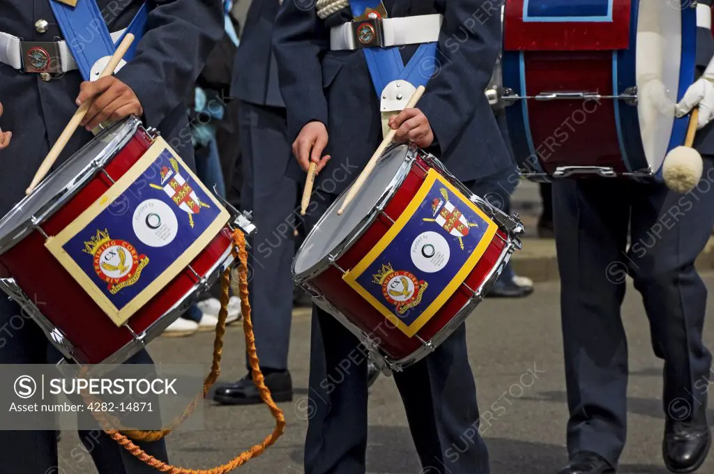 England, North Yorkshire, York. Drummers in the the Air Training Corps band parading in the annual Saint George's Day parade.