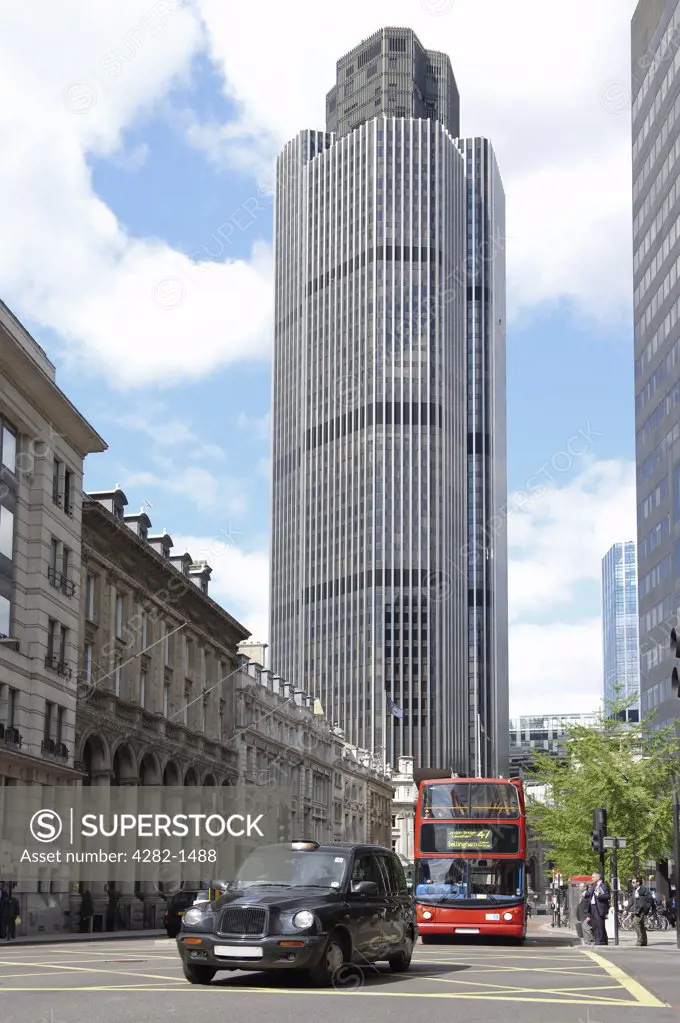 England, London, City of London. Nat West Tower with a black cab and red bus in London.