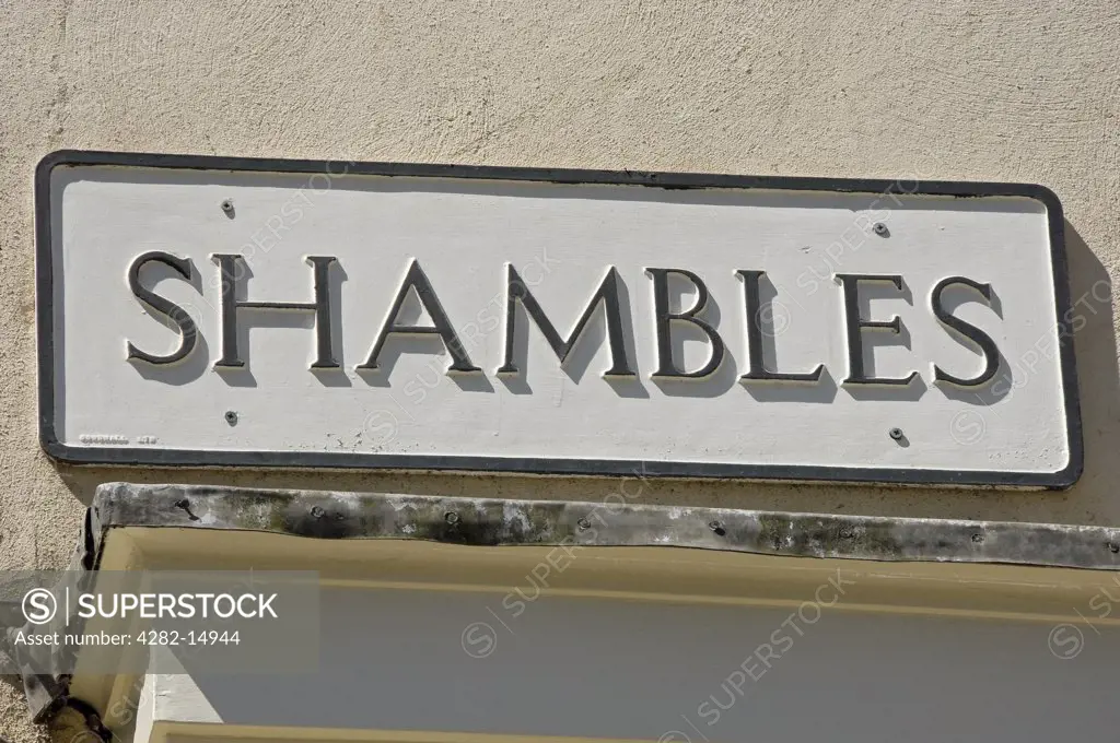 England, North Yorkshire, York. Street sign for Shambles, York's famous medieval street.