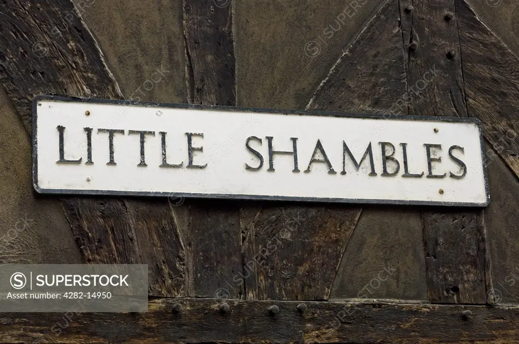 England, North Yorkshire, York. Street sign for Little Shambles in York. The street is adjacent to Shambles, famous for its overhanging timber-framed buildings.