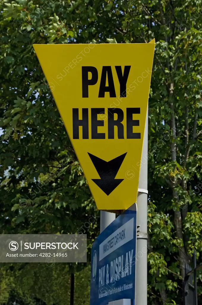 England, Cumbria, Grange-over-Sands. Pay here sign at pay and display car park.