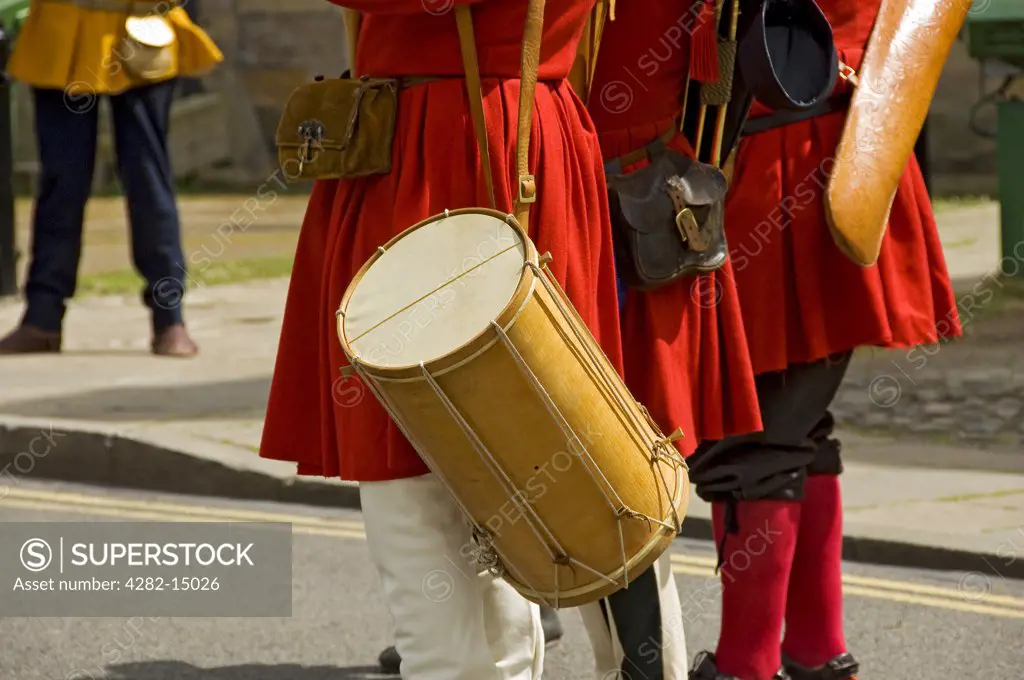 England, North Yorkshire, York. Close up of musicians drum during the York Mystery Plays.