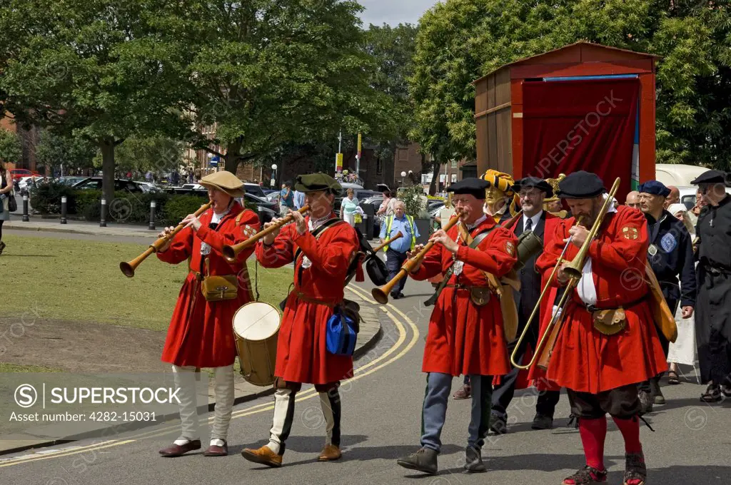 England, North Yorkshire, York. Musicians performing at the York Mystery Plays.