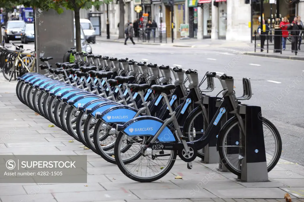 England, London, Baker Street. A Barclays Cycle Hire docking Station on Baker Street.