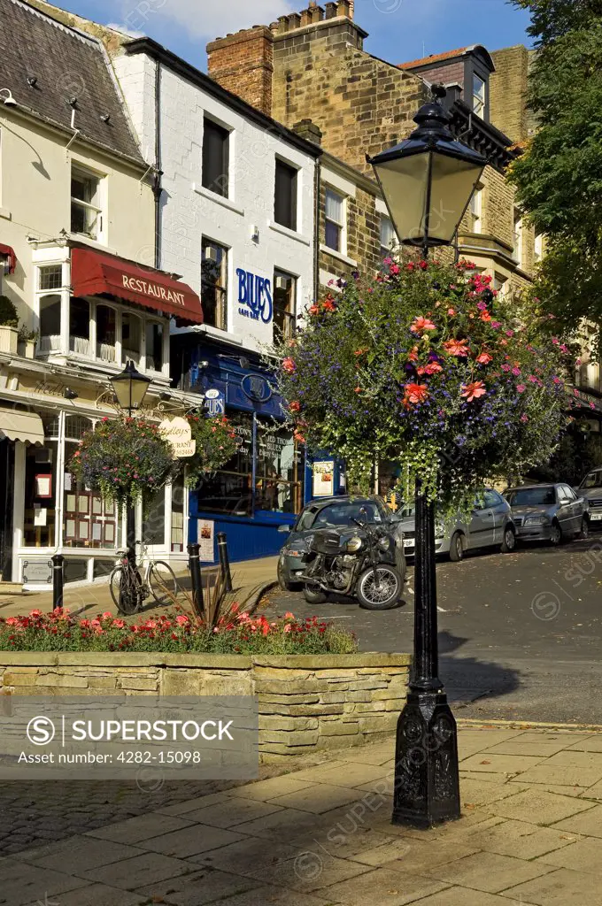 England, North Yorkshire, Harrogate. Lamp post with hanging flower basket on Montpellier Parade.