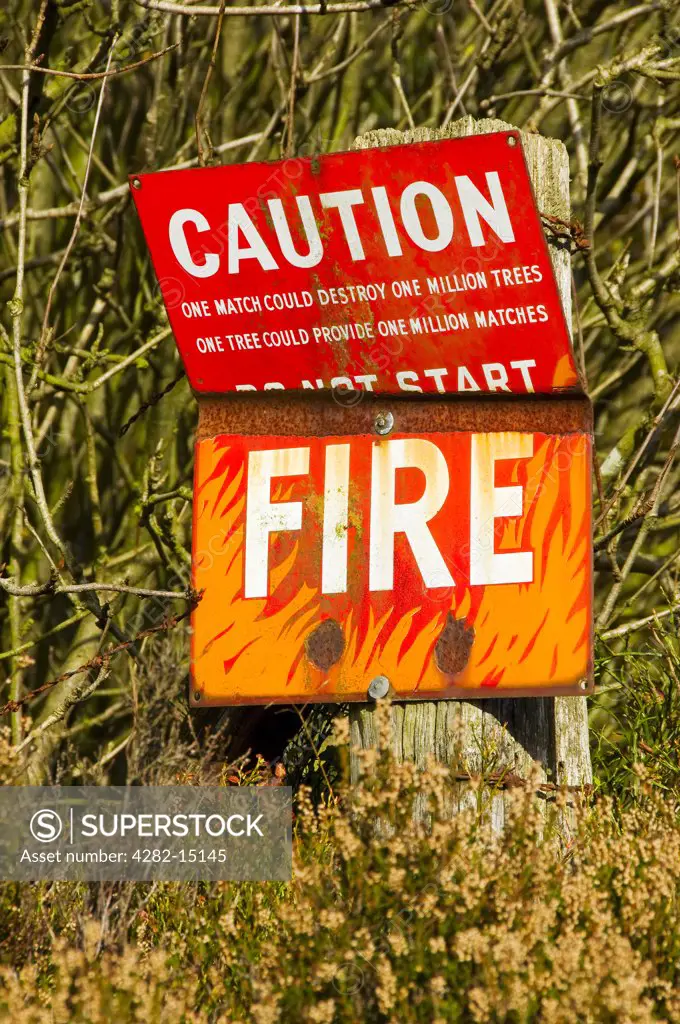 England, North Yorkshire. CAUTION do not start fire sign in the North York Moors National Park.