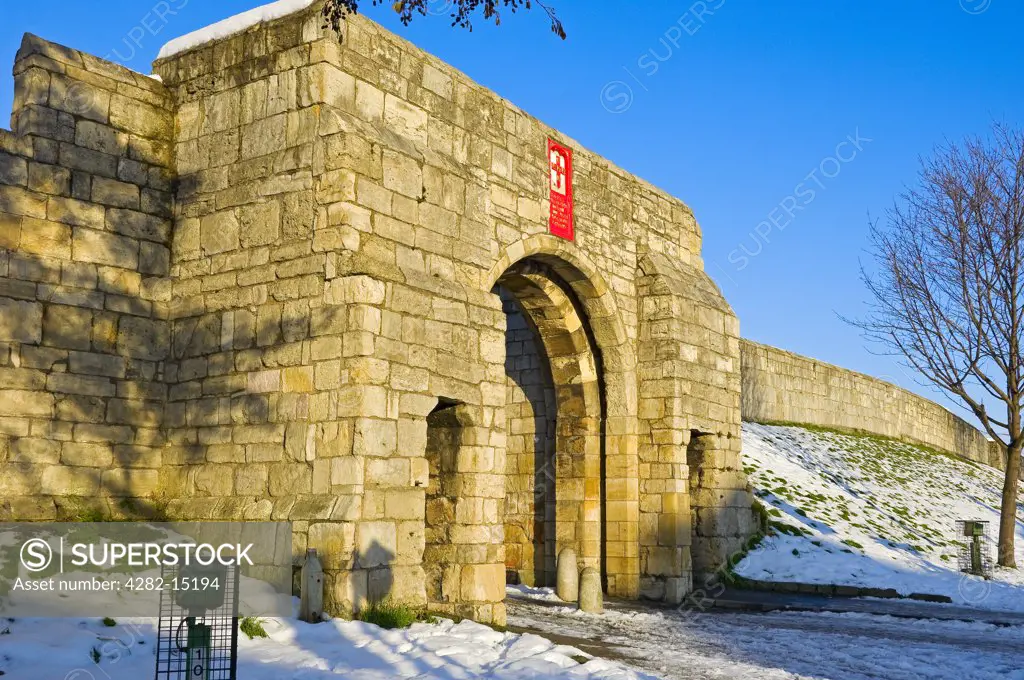 England, North Yorkshire, York. Fishergate Bar, the former entrance through the city walls into York from Selby, in winter.