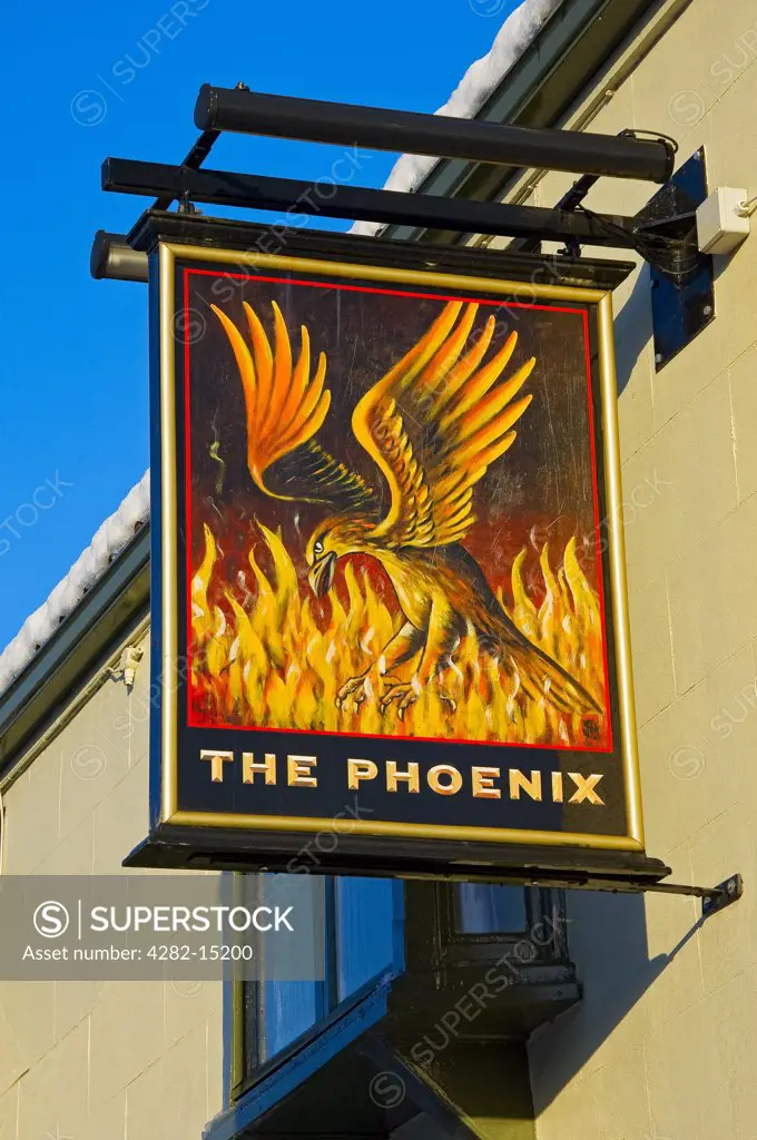 England, North Yorkshire, York. The Phoenix pub sign hanging outside the pub in Ebenezer Place.