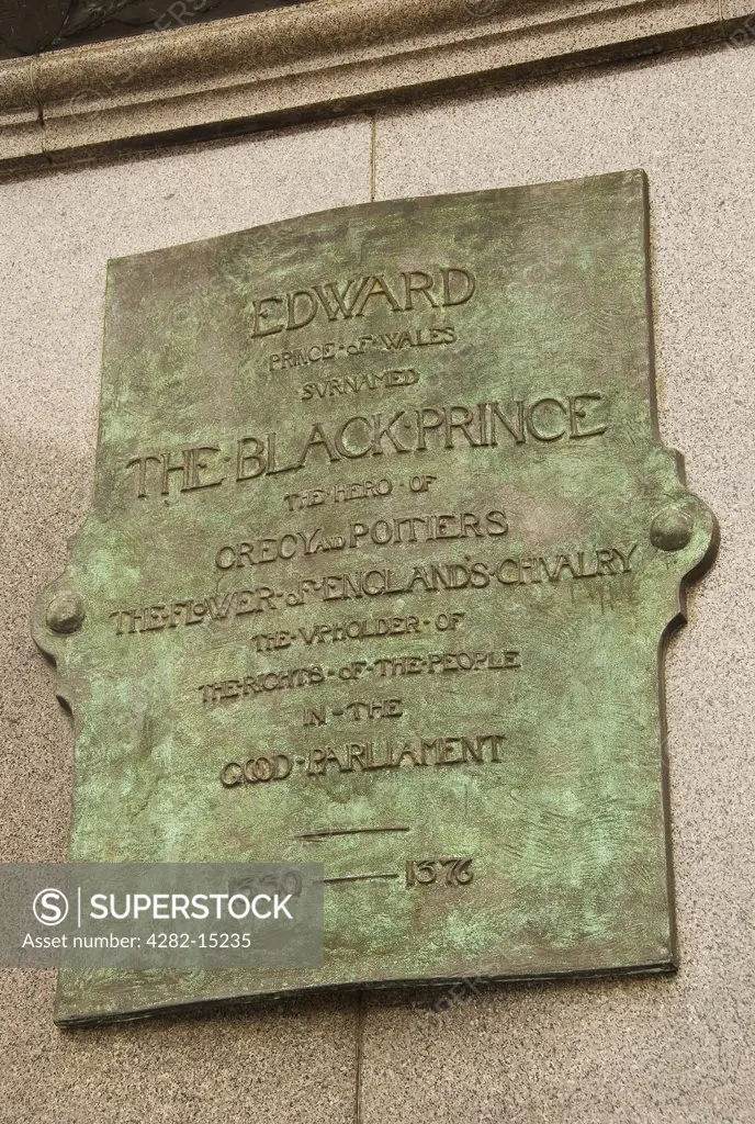 England, West Yorkshire, Leeds. Plaque on the statue of Edward, Prince of Wales, the Black Prince, in Leeds City Square.