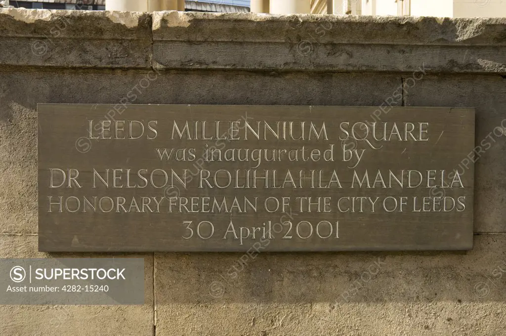 England, West Yorkshire, Leeds. Plaque to commemorate the inauguration of Millennium Square in the city of Leeds.