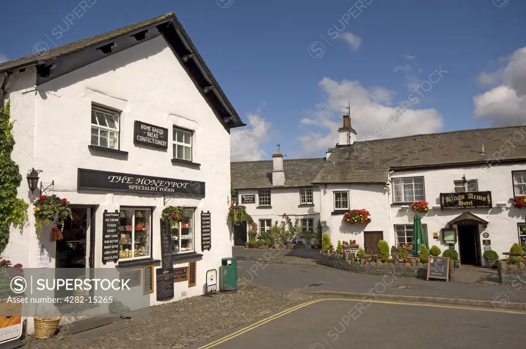 England, Cumbria, Hawkshead. The Honeypot Specialist Foods shop and Kings Arms Hotel in the village of Hawkshead.