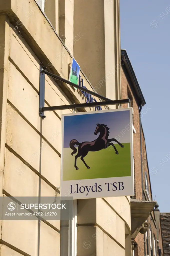 England, North Yorkshire, York. Lloyds TSB bank sign hanging ouside one of their branches in York.